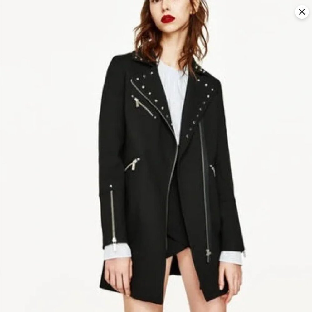 Zara Black Studded Asymmetric Zip Up Long Moto Trench Coat Jacket Size S